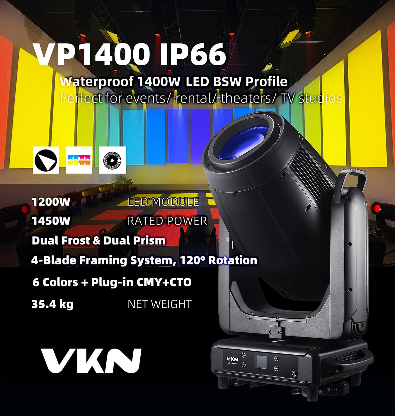 VP1400 IP66 | Projecteur asservis LED 4 en 1 haute puissance IP66